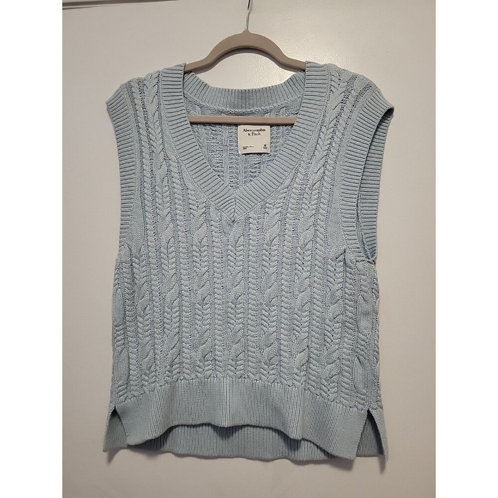 Abercrombie Fitch Crop Cable Knit Sweater Vest Women Blue V-Neck  Academia‎ Med